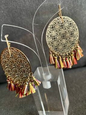 C&C California Gold Filigree Disc Earrings with Multicolor Tassels